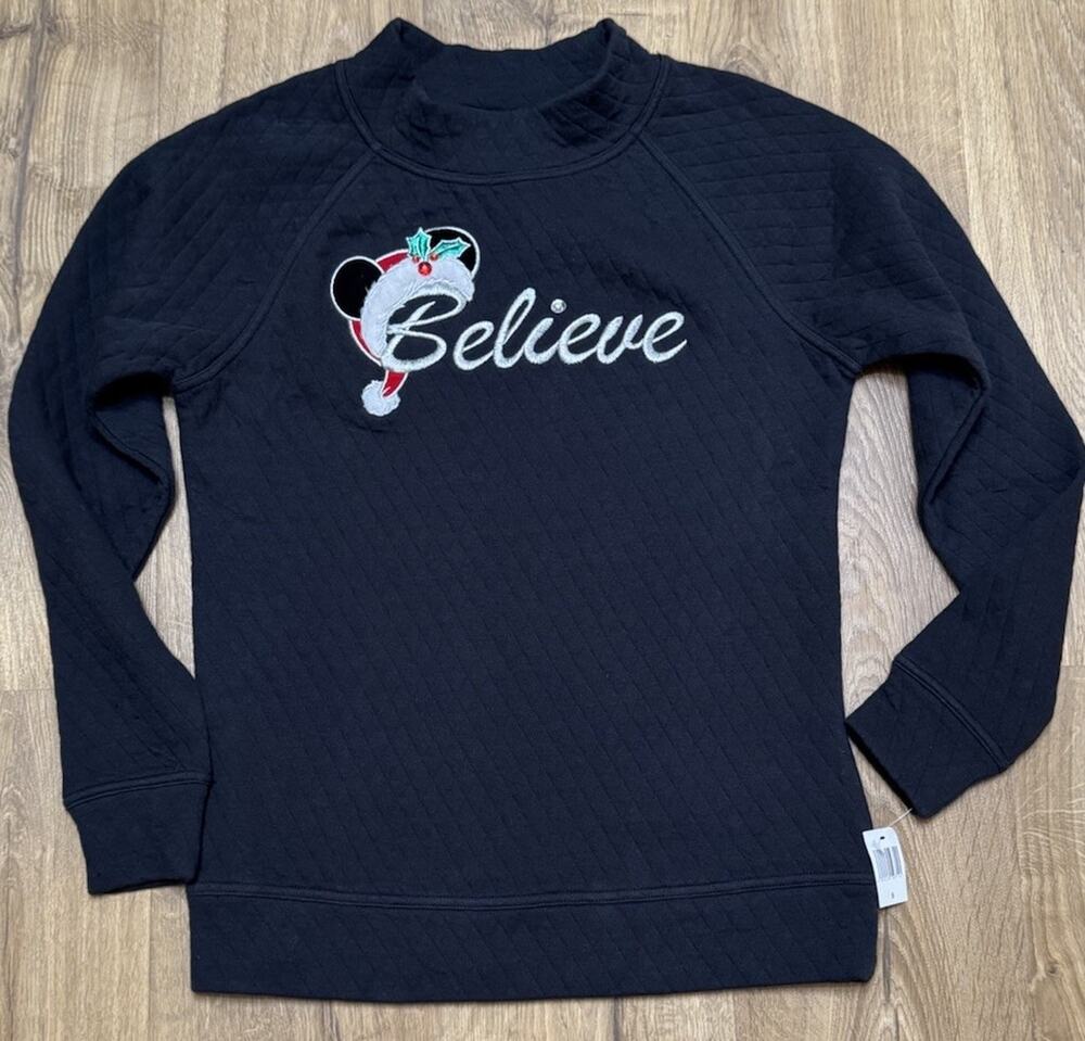 Disney Parks Sweatshirt Women Small SANTA MICKEY Believe Holiday High Neck NEW